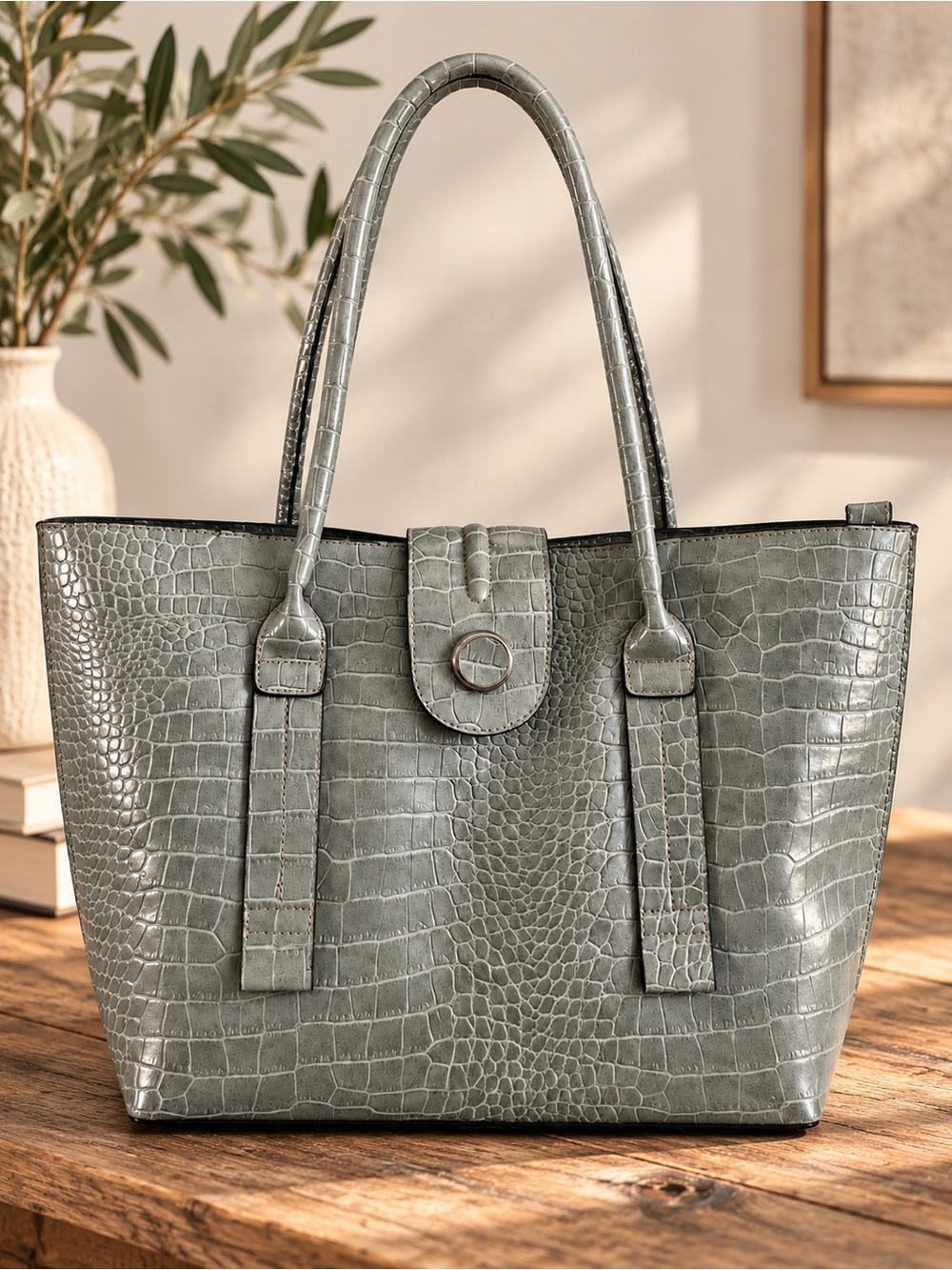 Croc Embossed Faux Leather Tote Bag